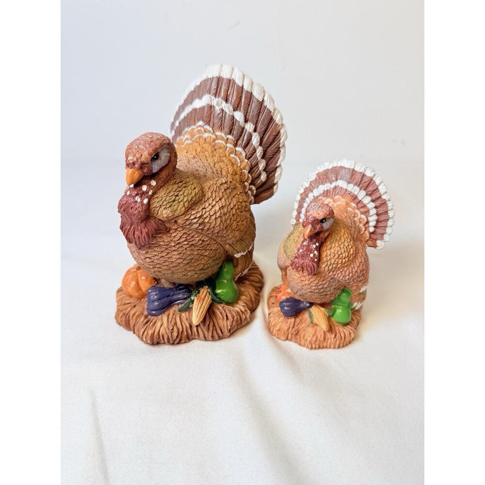 Sry Of 2 Hand Painted Resin Brown Turkeys Fall Harvest Decor